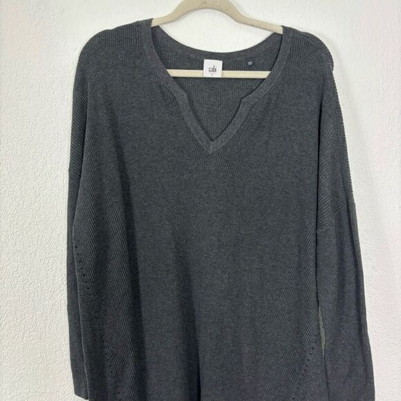 Cabi Grey V Neck Long Sleeve Ribbed Pullover Sweater - Picture 3 of 7